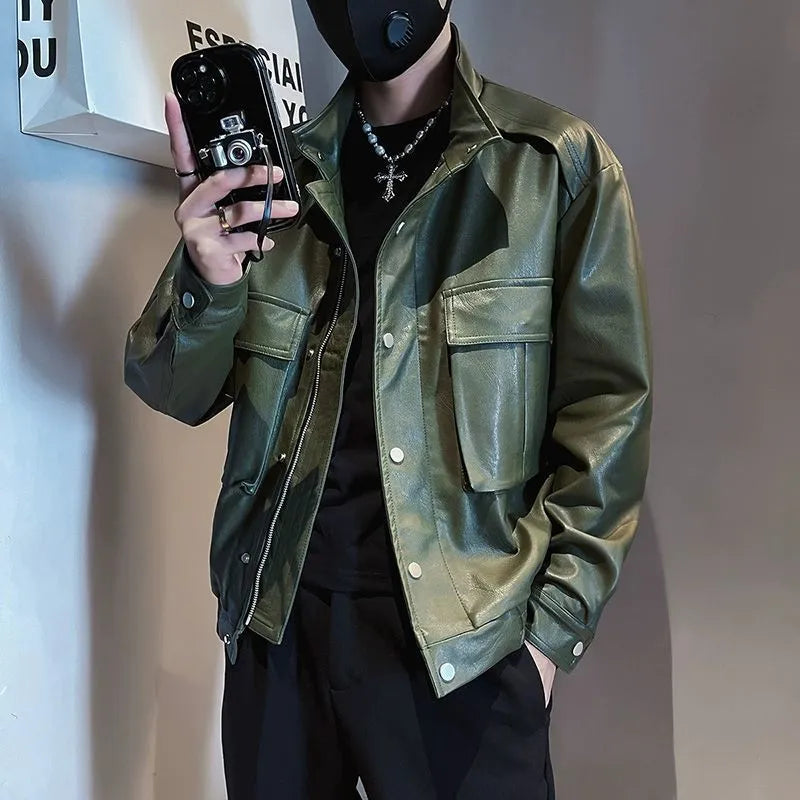 Men's black PU leather Korean-style pilot jacket with side pockets and straight hem.