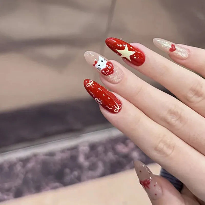 False nails with hand-glued crystal decorations in random mixed colours creating 3D nail art designs