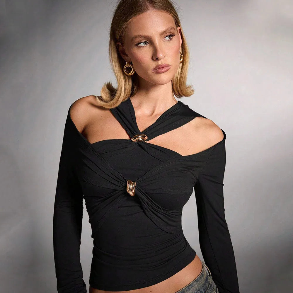 Black women's halter top with strapless shoulder-baring design and slim fit silhouette