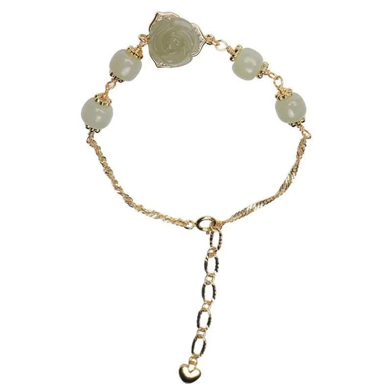Hetian jade women's bracelet with rose flower design and 14K gold gilding details