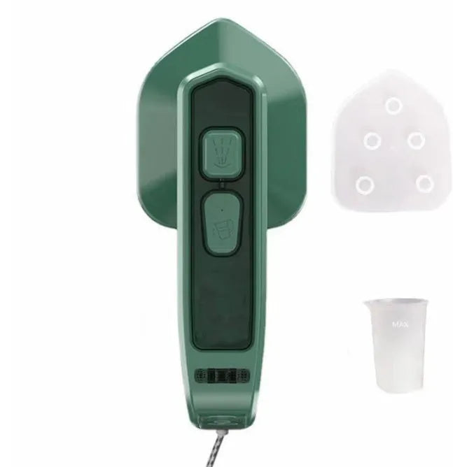 Dark green portable hanging ironing machine with ceramic panel and sharp corner design for travel use