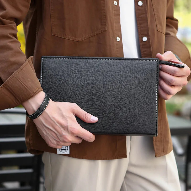 New Clutch Men's Briefcase Soft Leather PU Black with sewing thread detail