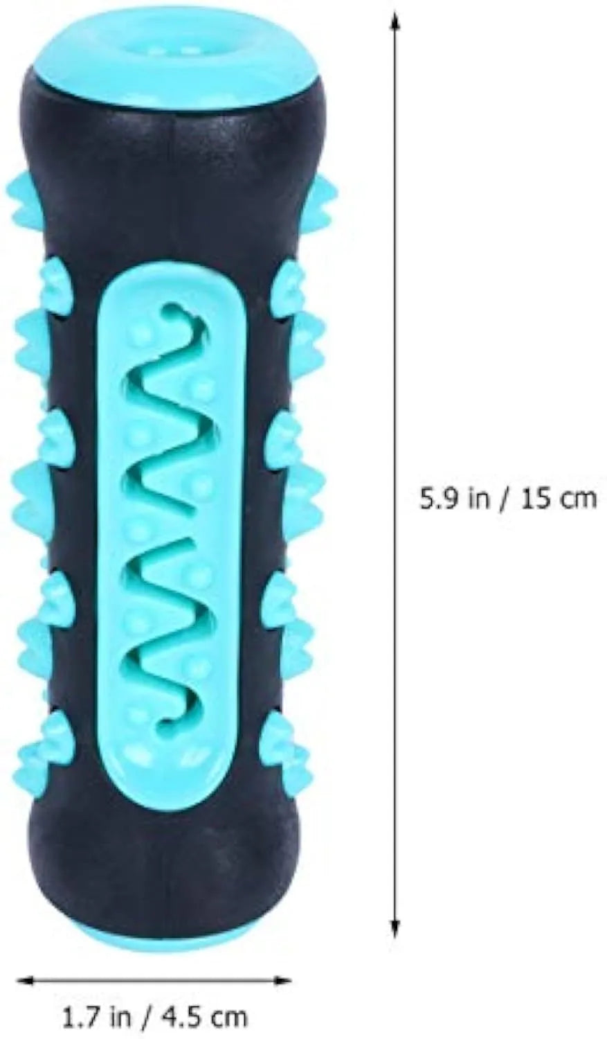 Natural rubber dog toothbrush chew toy in blue colour for dental cleaning, showing textured stick design
