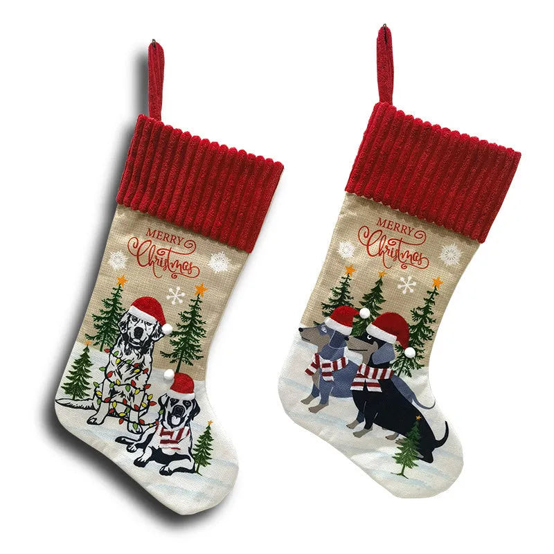 Pet Christmas tree hanging sock with fireplace design in cloth material measuring 46cm by 28cm