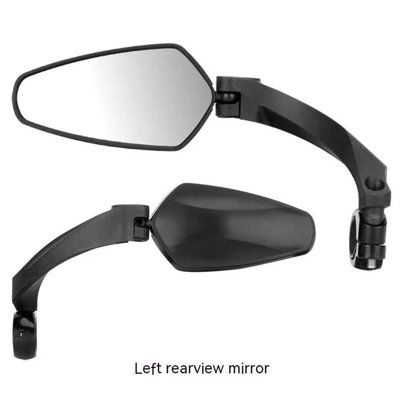 Black rotatable acrylic rearview mirror for mountain bike handlebars.