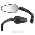 Black rotatable acrylic rearview mirror for mountain bike handlebars.