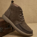 Men's grey retro Martin ankle boots with frosted leather and front lace-up design on a rubber sole.