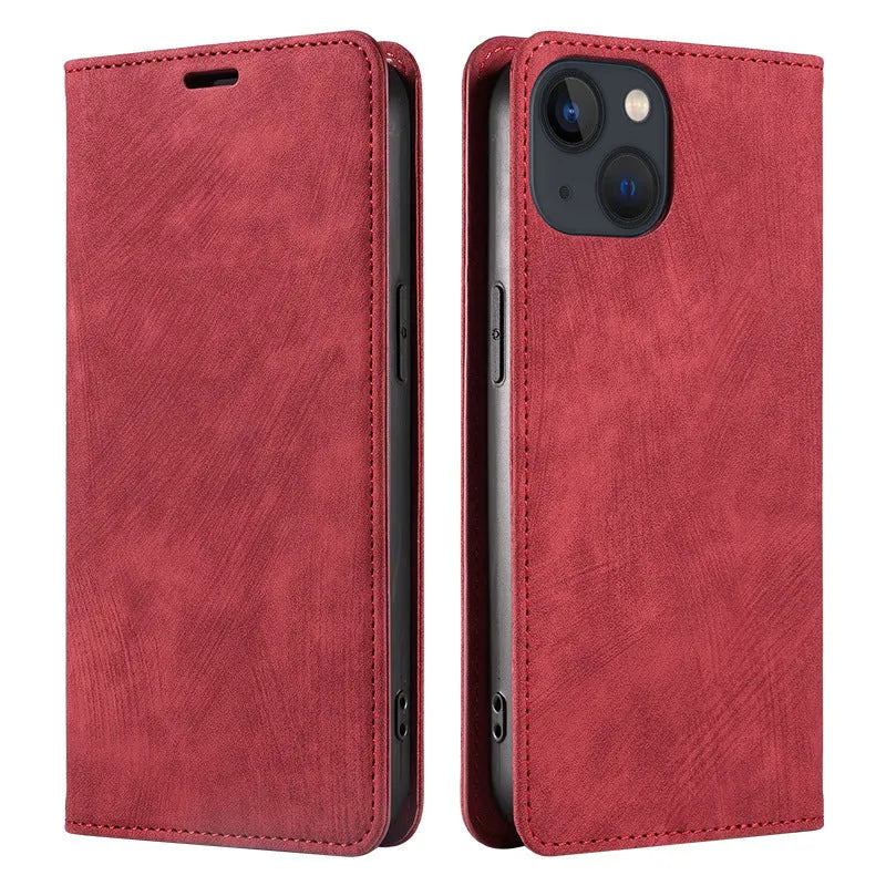 Magnetic flip phone case in solid colour for iPhone, showing TPU frame and leather cover.