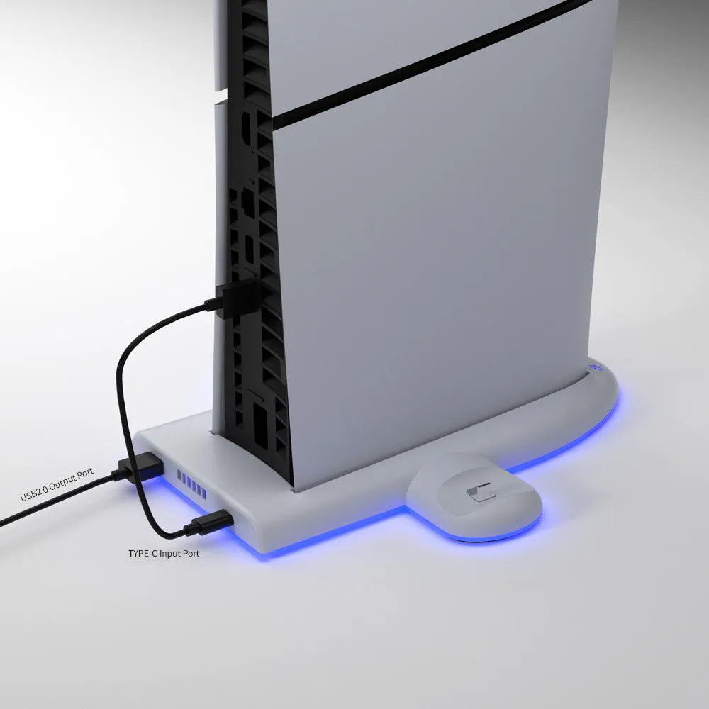 White PS5 slim charging base with RGB lighting, cooling fan, and controller handle fixer