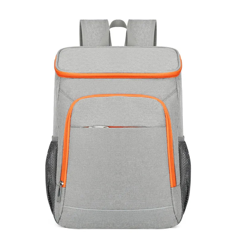 Large outdoor thermal picnic backpack in grey-orange colour with curved shoulder straps and compartments.