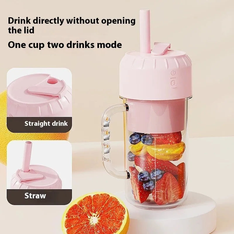 Portable USB-powered juicer in avocado green or cherry blossom pink with 150W motor and multiple blade options.
