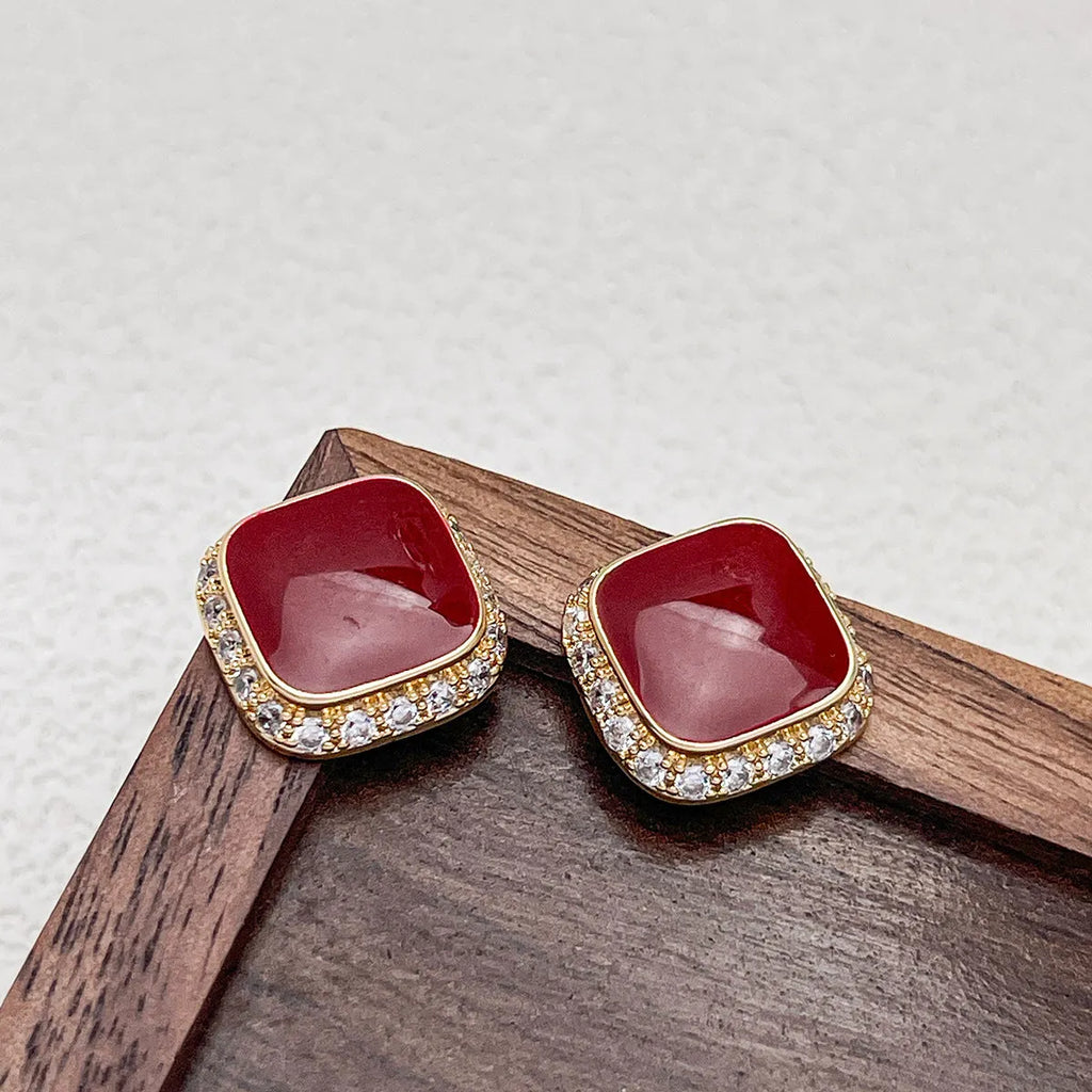 Red geometric square alloy drop earrings with retro style and seiko treatment