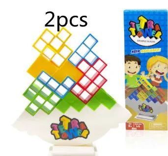 Colourful plastic balance stacking game with 16 blocks, chassis and base for family play