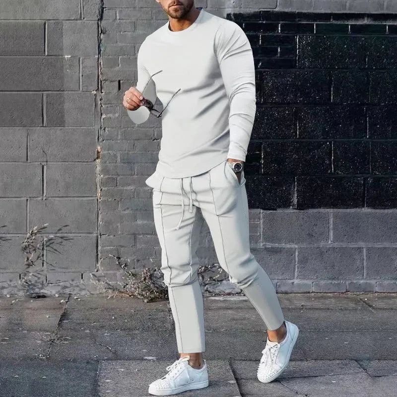 Men's light grey round neck long sleeve T-shirt and trousers two-piece polyester casual set