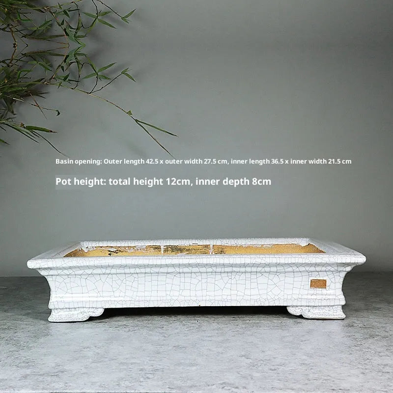 White cracked ceramic bamboo bonsai flowerpot with purple sand craft, desktop or floor use