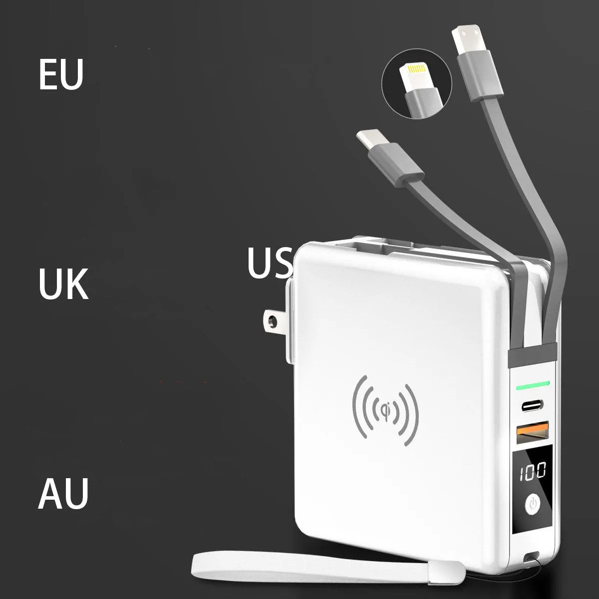 Black PD20W power bank with wireless charging and flip-out UK US EU AU plug adapters