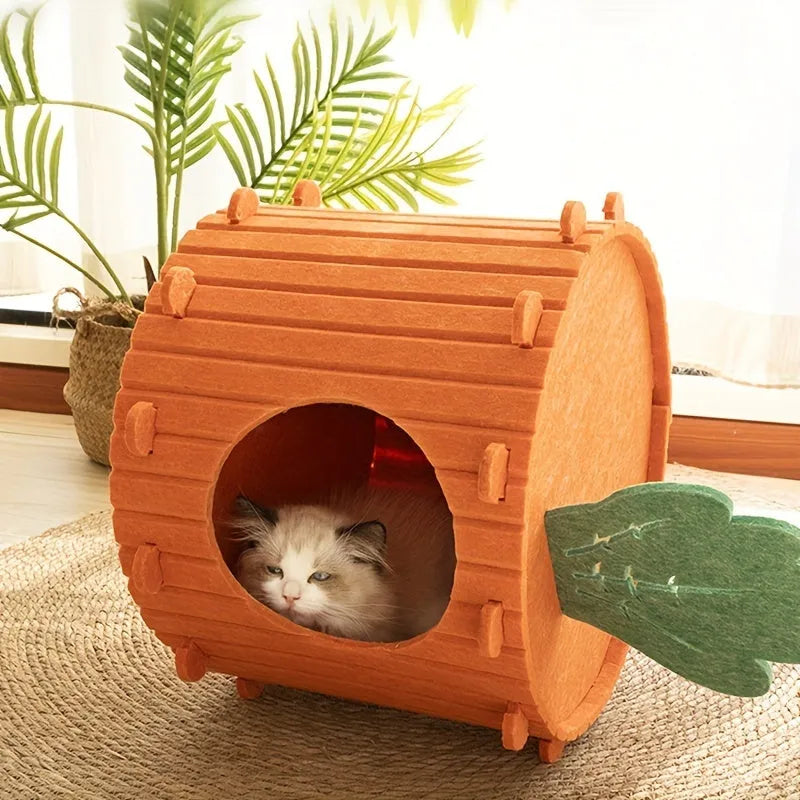 Carrot-shaped cat tunnel in thick felt fabric with semi-enclosed design for indoor cat privacy