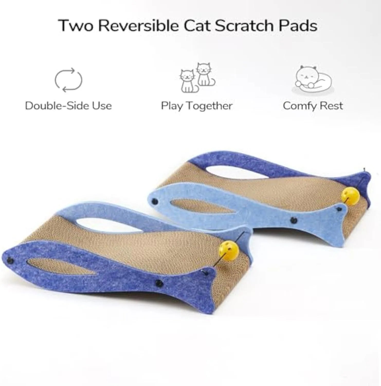 Blue fish-shaped cardboard cat scratcher lounge with a hanging bell toy for indoor cats