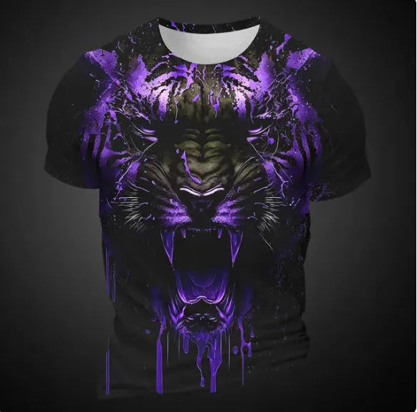 Man wearing a black T-shirt with a detailed 3D tiger graphic print on the chest.