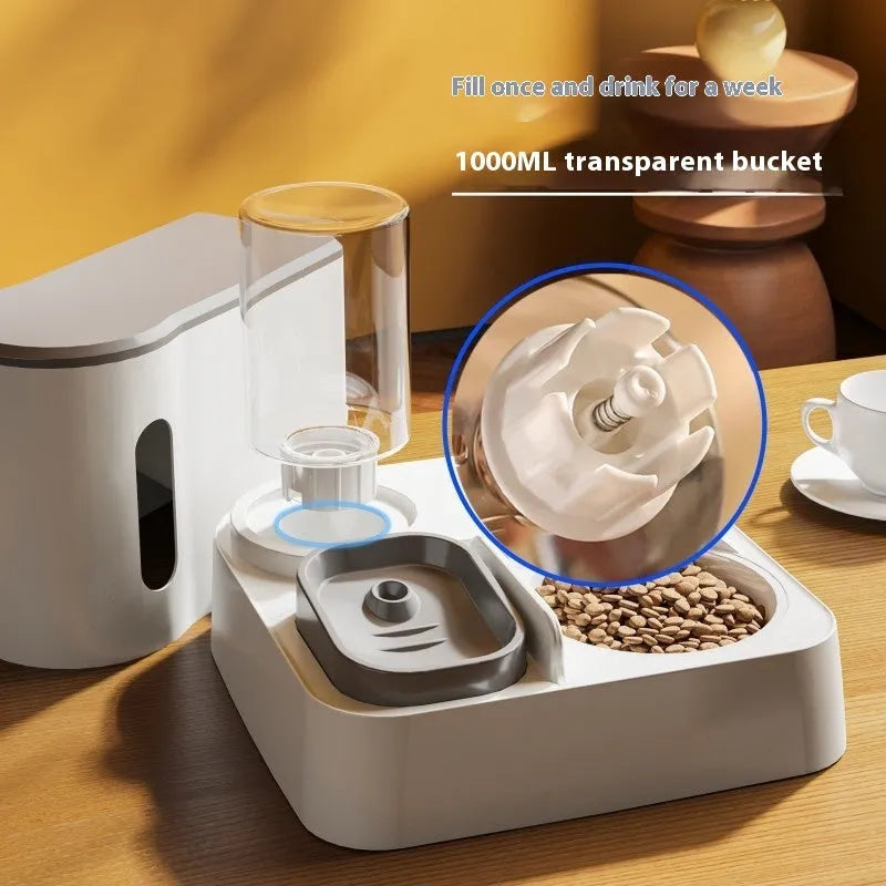 Grey cat automatic feeder with integrated water dispenser and double bowl design