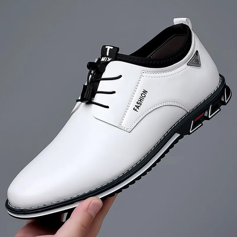 Men's plus size casual leather shoes – round toe wedge heel PU leather with stitching, elastic band closure, black colour