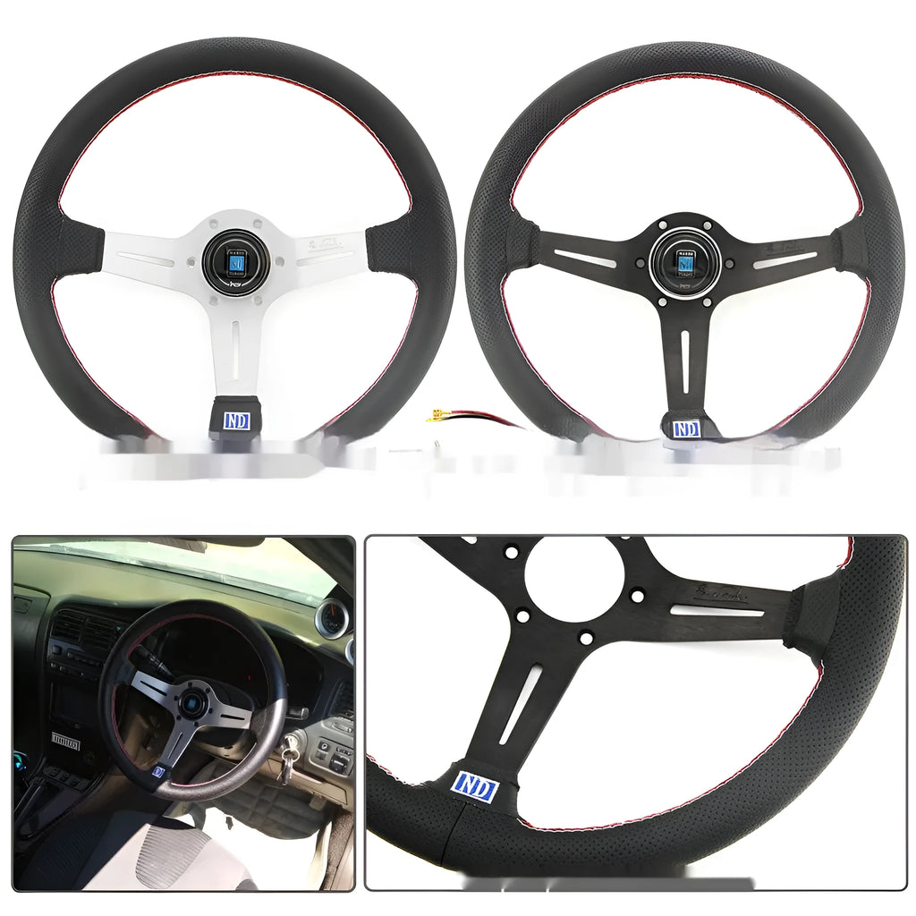 14-inch leather steering wheel with middle concave design and black skeleton