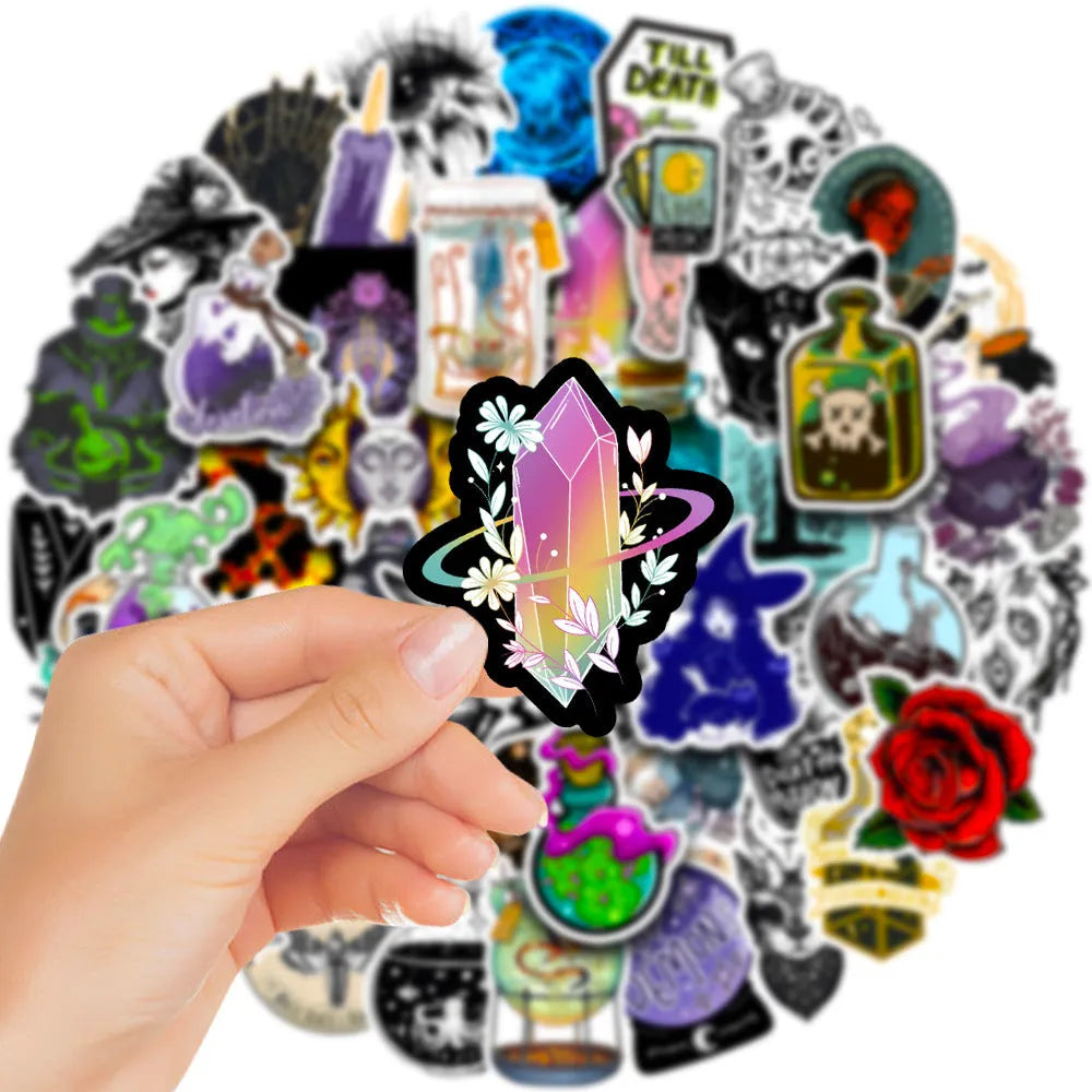 Assorted waterproof PVC stickers in sizes from 3cm to 8cm for laptops and skateboards.