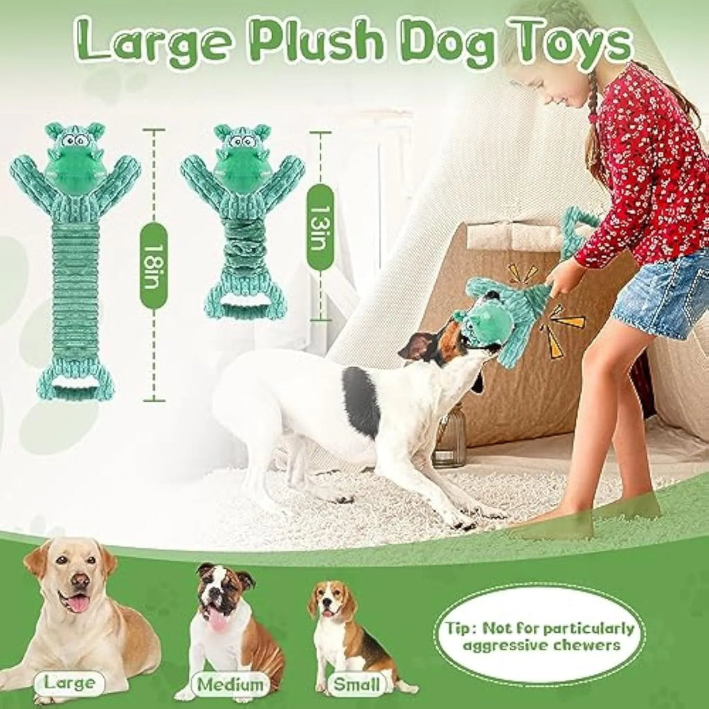 Large squeaky plush dog toy in hippo or monkey design with a handle base for tug of war games