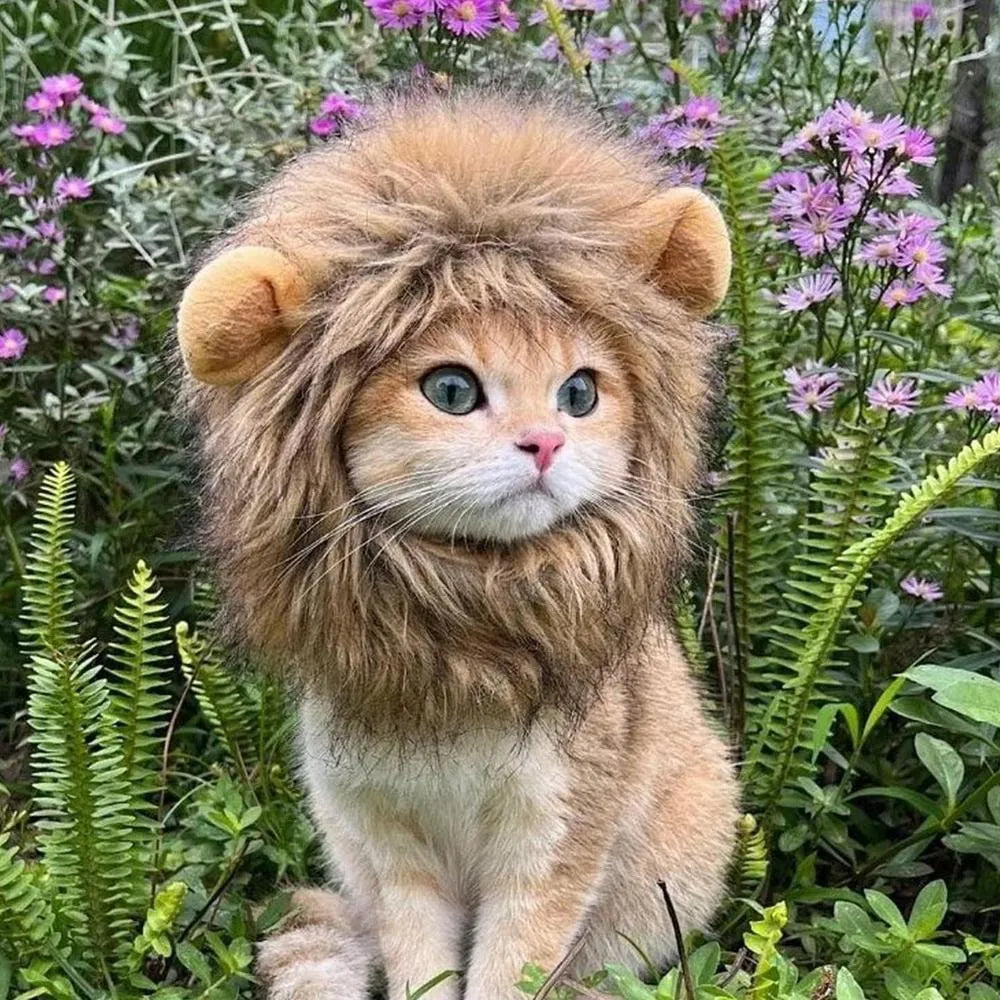 Lion mane wig costume accessory for cats and dogs with artificial hair construction