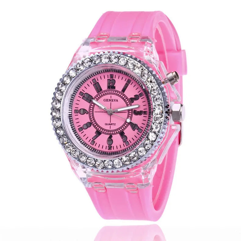 Women's LED luminous watch with round 43mm dial and coloured silicone strap