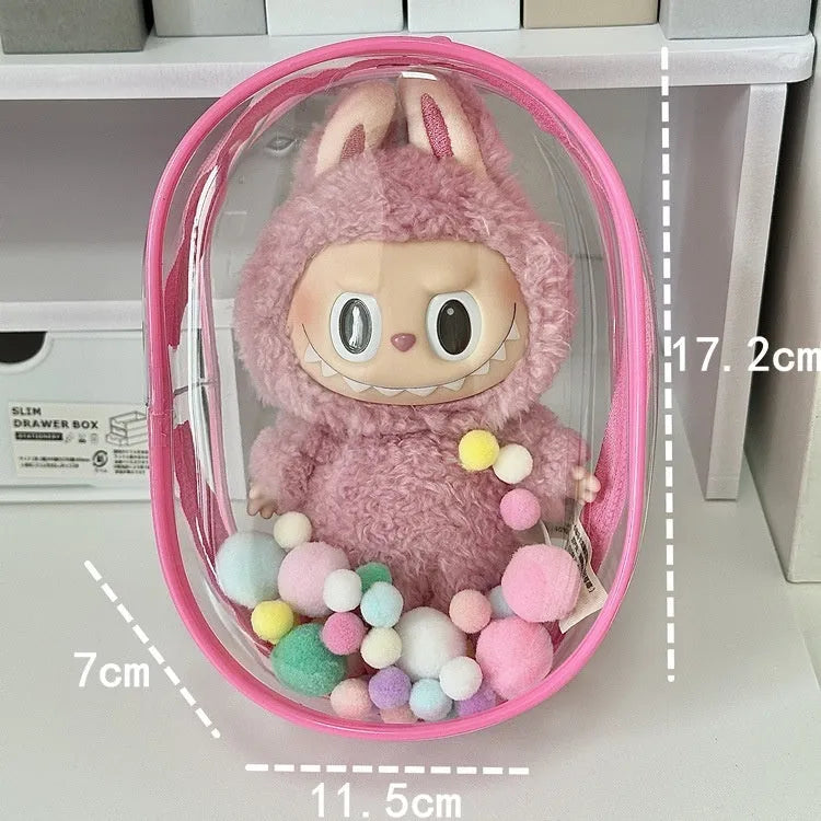 Transparent PVC cube storage bag with colourful ball keychain for cotton dolls and collectibles