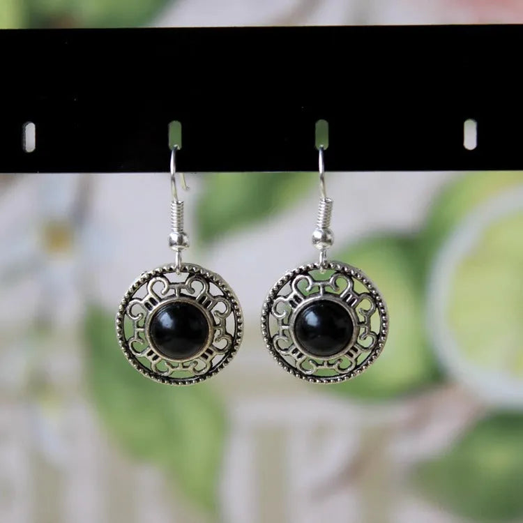 Handmade Miao silver retro turquoise flower disk earrings with geometric shape and ethnic patterns