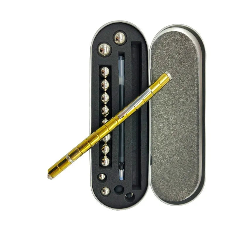Magnetic modular pen with 13 rings, 12 steel balls, 3 refills, and capacitive head in silver iron box