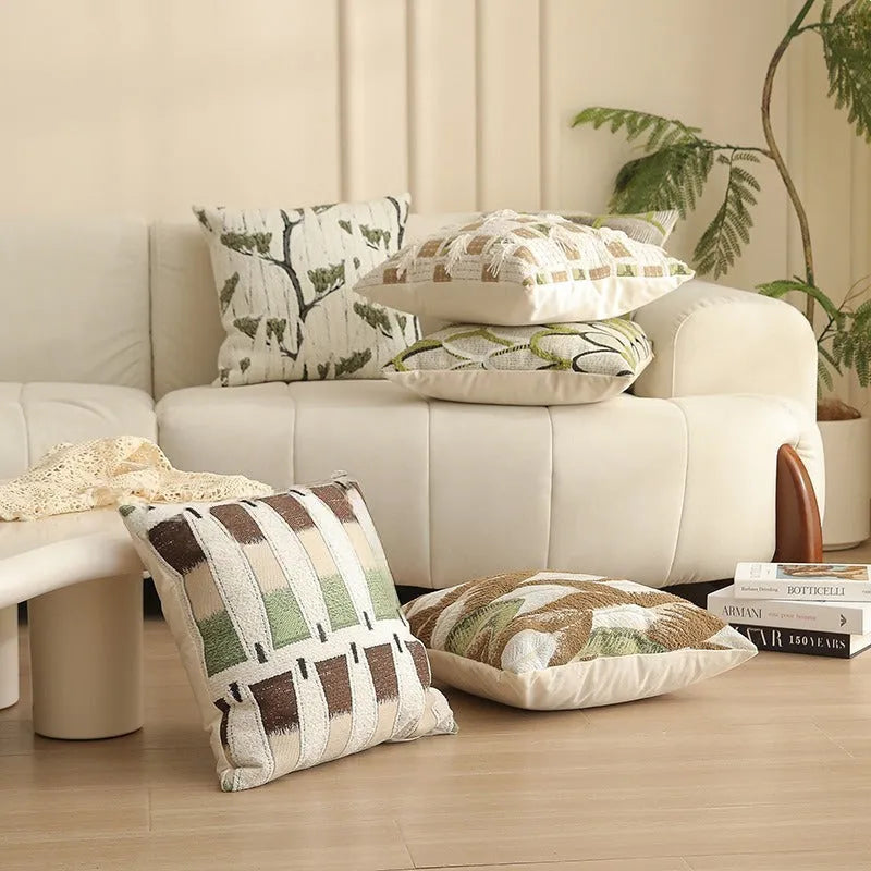 Square 45cm jacquard cushion cover with a detailed woven floral pattern in a retro Nordic style.
