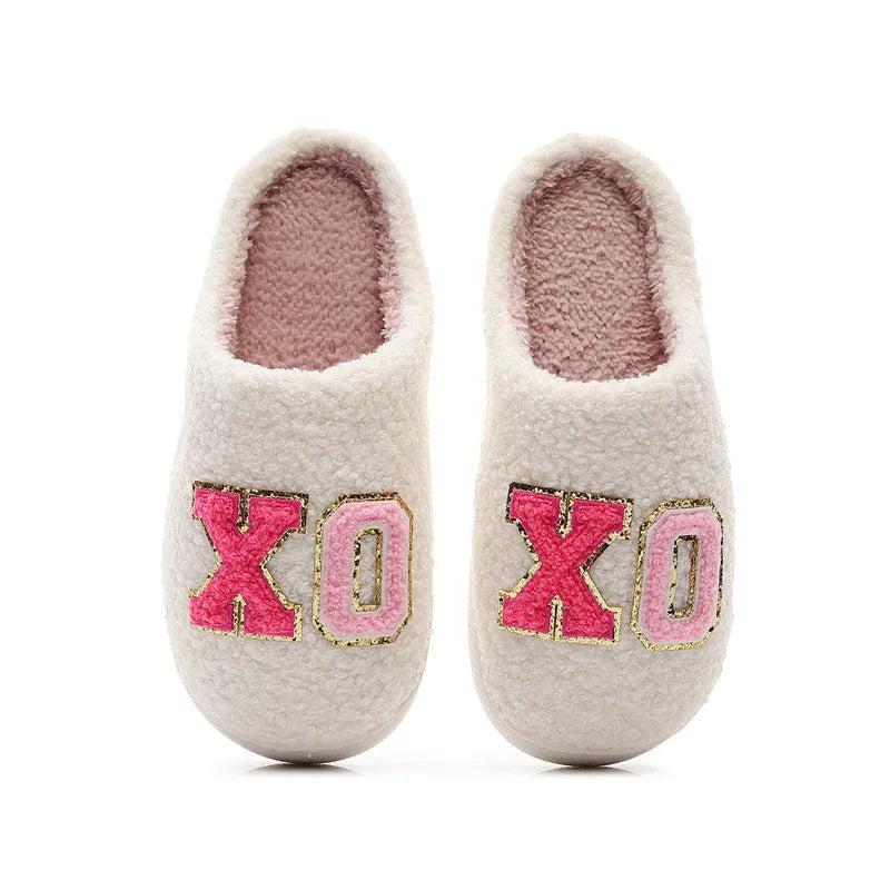 Warm grid letter cotton women's slippers in pink with artificial plush inner lining and closed toe