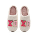 Warm grid letter cotton women's slippers in pink with artificial plush inner lining and closed toe
