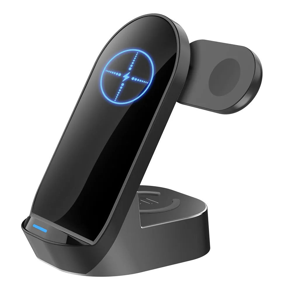 Black grey foldable wireless charging stand showing phone vertical charging, watch charging and earbuds case charging