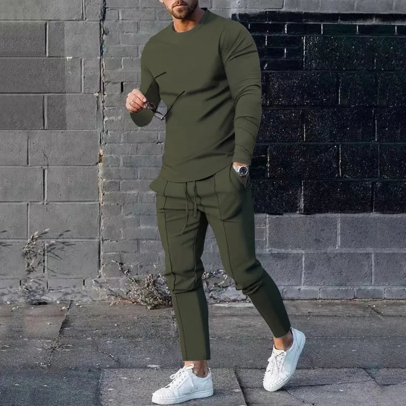 Men's light grey round neck long sleeve T-shirt and trousers two-piece polyester casual set