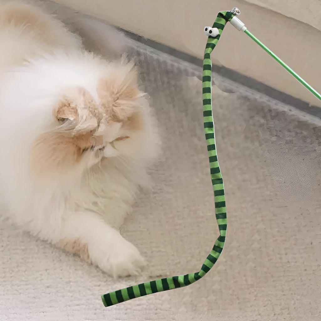Cat wand toy with polycarbonate pole and plush strip in green, orange, and rainbow colours