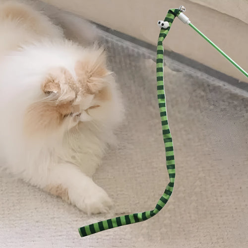 Cat wand toy with polycarbonate pole and plush strip in green, orange, and rainbow colours
