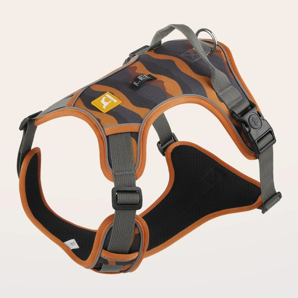 Orange reflective dog harness and lead with a chest and back design for secure walking control.