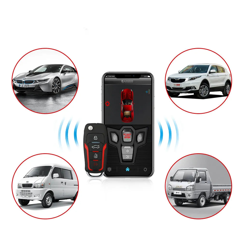 Red and frosted black car alarm system with remote controls showing 3000m range and 115dB siren specifications