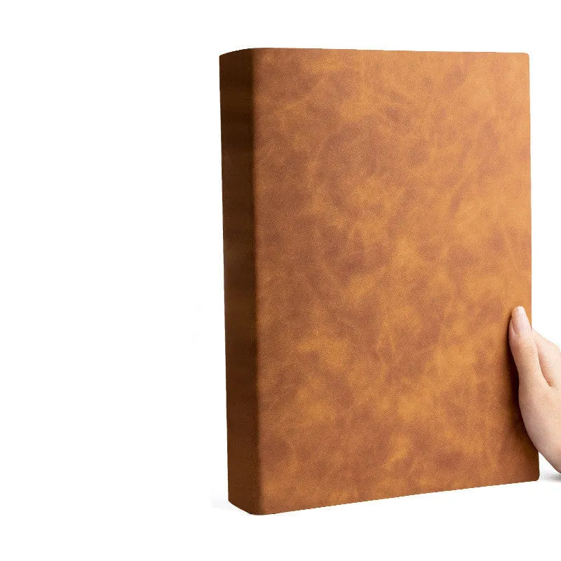Thickened A4 soft leather notebook with imitation leather cover open to lined pages, showing ivory white paper and choice of multiple colours