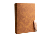 Thickened A4 soft leather notebook with imitation leather cover open to lined pages, showing ivory white paper and choice of multiple colours