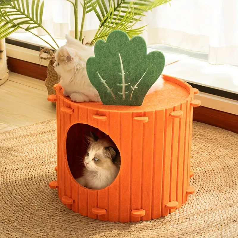 Carrot-shaped cat tunnel in thick felt fabric with semi-enclosed design for indoor cat privacy