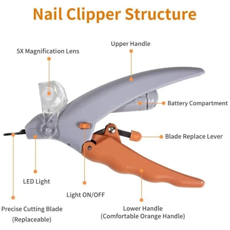 Yellow pet nail clipper for dogs and cats with built-in LED light and magnifying glass.