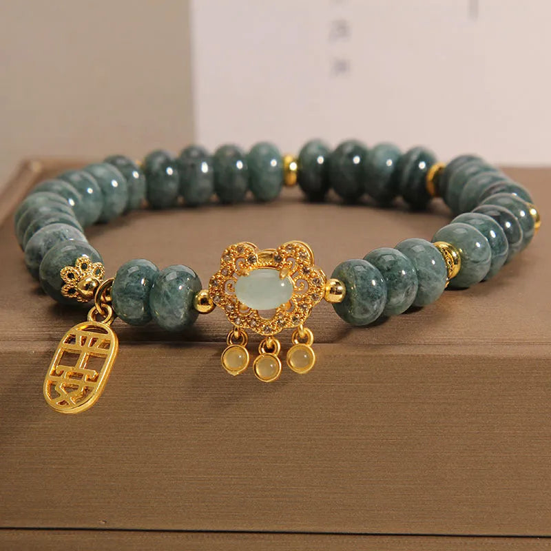 Women's natural green emerald jade abacus bead bracelet with metal alloy safety lock clasp