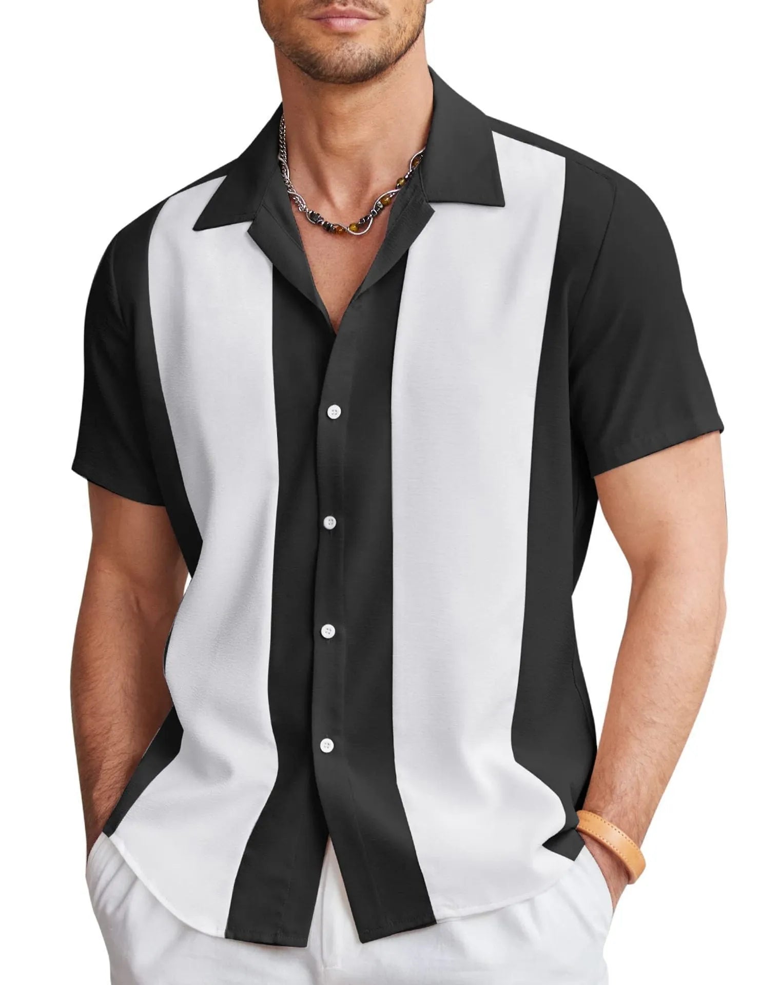 Men's slim fit Hawaiian shirt with short sleeves and digital printed pattern in cardigan style