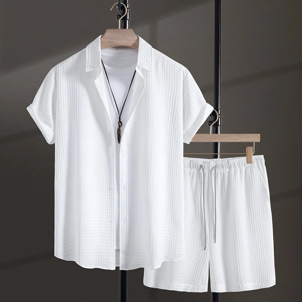 Men's cotton blend beach shorts and shirt two-piece set in loose cardigan style