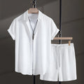 Men's cotton blend beach shorts and shirt two-piece set in loose cardigan style
